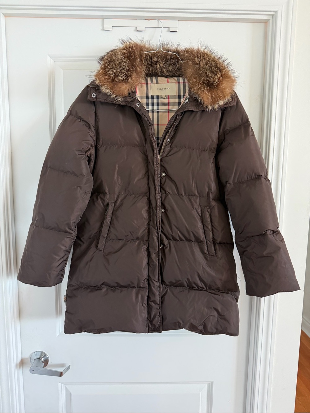 Burberry London Brown Goose Down Parka Genuine 100% Raccoon Fur Women’s S